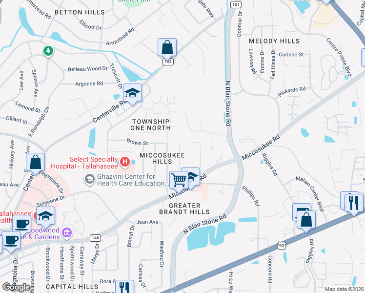 map of restaurants, bars, coffee shops, grocery stores, and more near 290 Teal Lane in Tallahassee