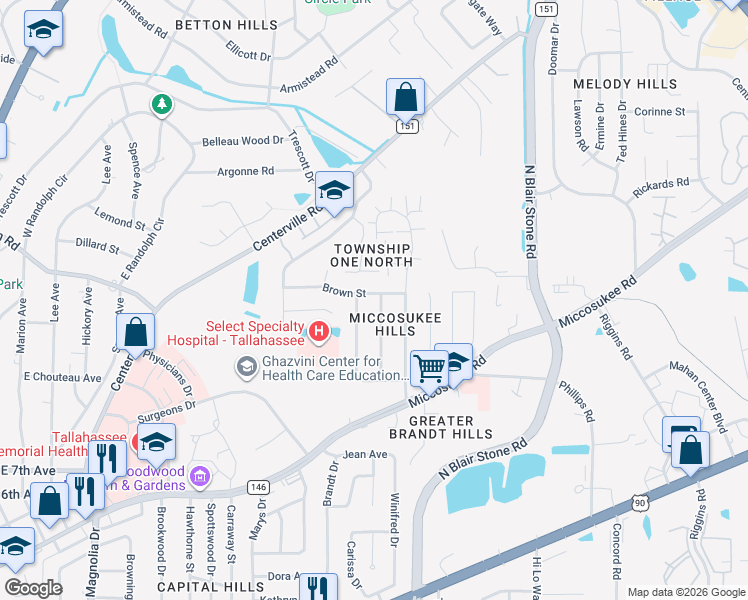 map of restaurants, bars, coffee shops, grocery stores, and more near 1909 Brown Street in Tallahassee