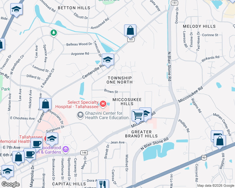 map of restaurants, bars, coffee shops, grocery stores, and more near 1909 Brown Street in Tallahassee