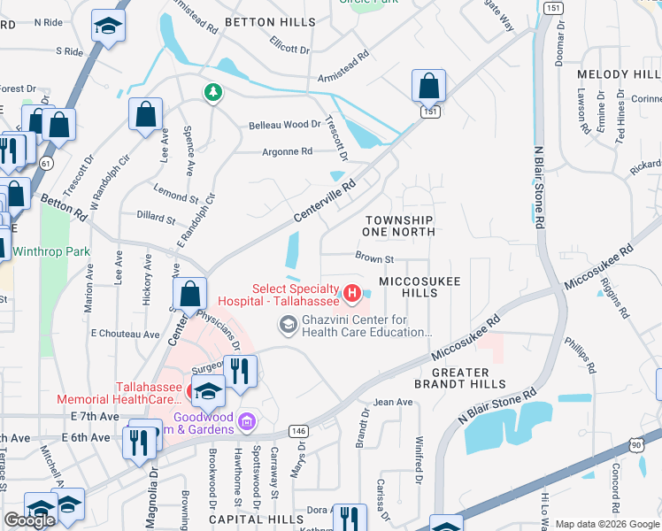 map of restaurants, bars, coffee shops, grocery stores, and more near 1448 Goodwood Court in Tallahassee