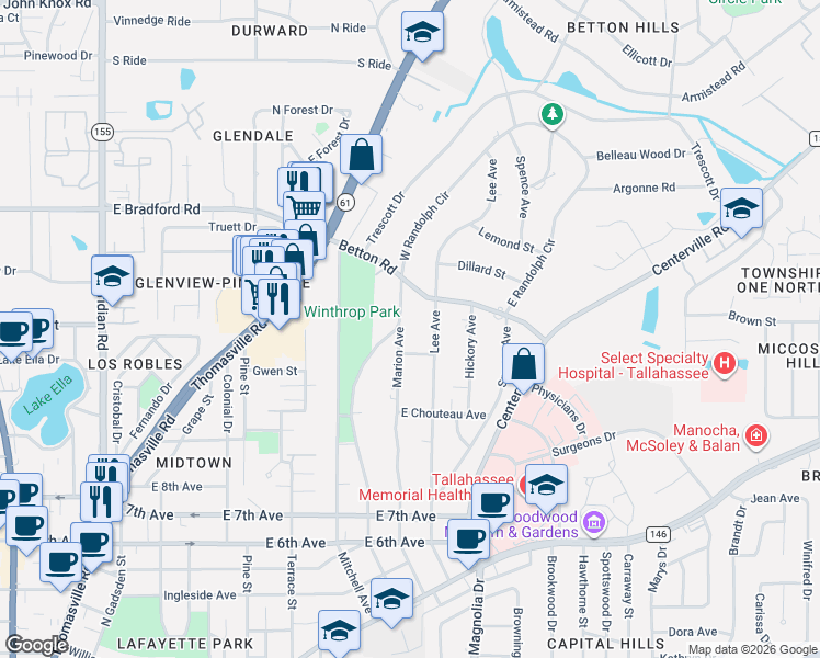 map of restaurants, bars, coffee shops, grocery stores, and more near 1579 Marion Avenue in Tallahassee