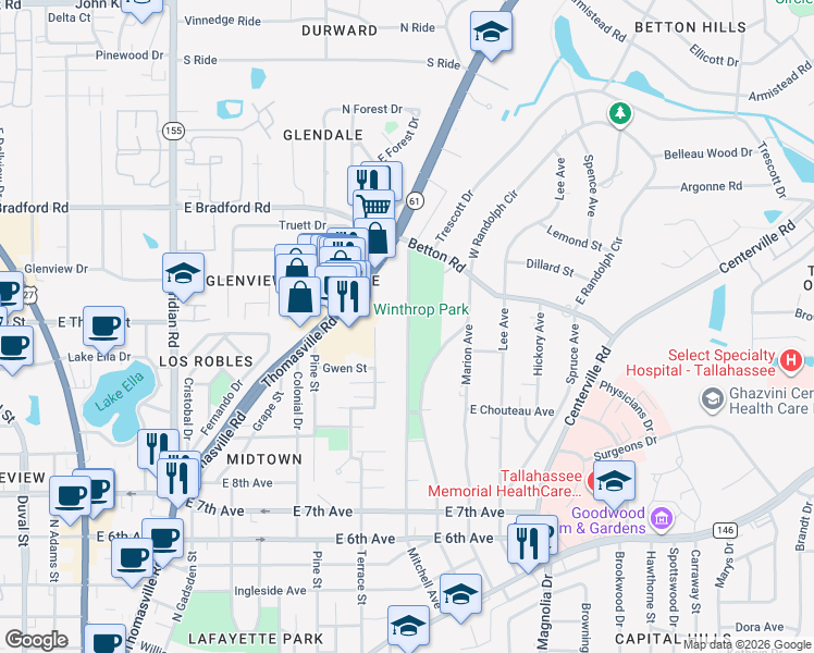 map of restaurants, bars, coffee shops, grocery stores, and more near 1602 Mitchell Avenue in Tallahassee