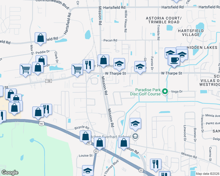 map of restaurants, bars, coffee shops, grocery stores, and more near 2925 Mission Road in Tallahassee