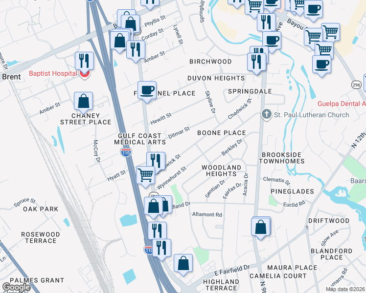 map of restaurants, bars, coffee shops, grocery stores, and more near 546 Chadwick Street in Pensacola