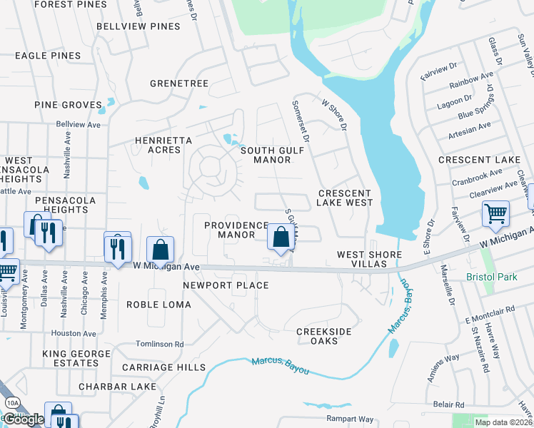 map of restaurants, bars, coffee shops, grocery stores, and more near 2467 Cavalla Loop in Pensacola