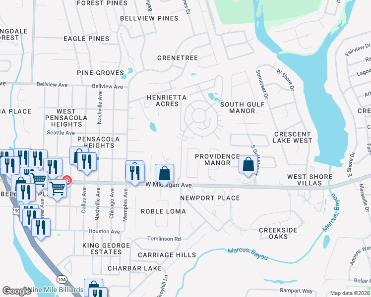 map of restaurants, bars, coffee shops, grocery stores, and more near 5838 Tryton Circle in Pensacola