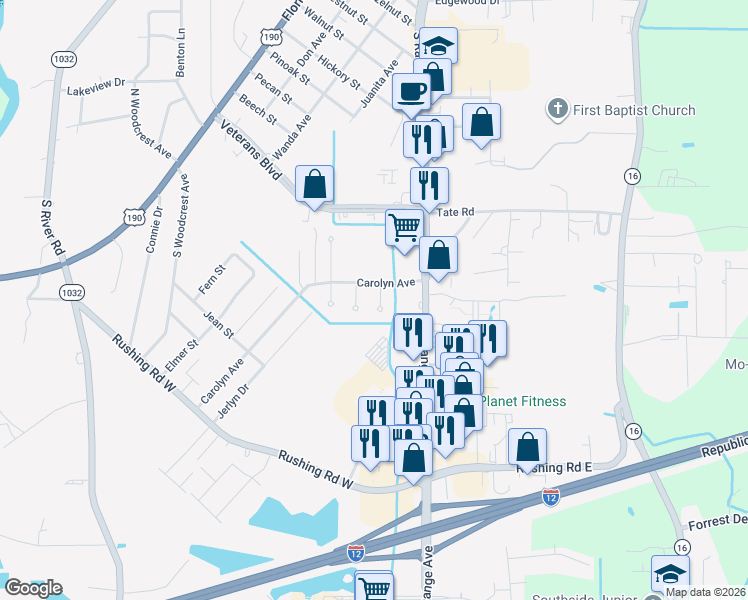 map of restaurants, bars, coffee shops, grocery stores, and more near 1621 Romney Avenue in Denham Springs