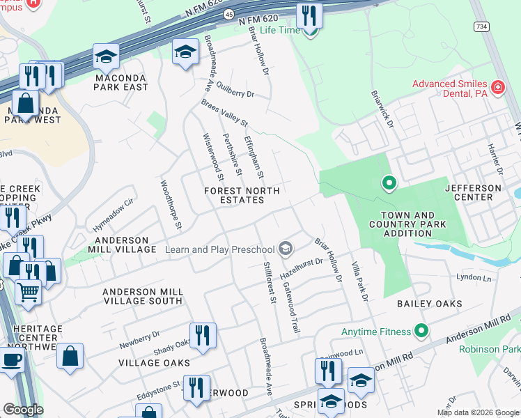 map of restaurants, bars, coffee shops, grocery stores, and more near 9314 Meadowheath Drive in Austin