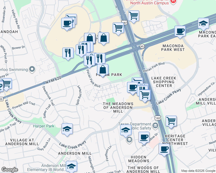 map of restaurants, bars, coffee shops, grocery stores, and more near 12800 Cayman Lane in Austin
