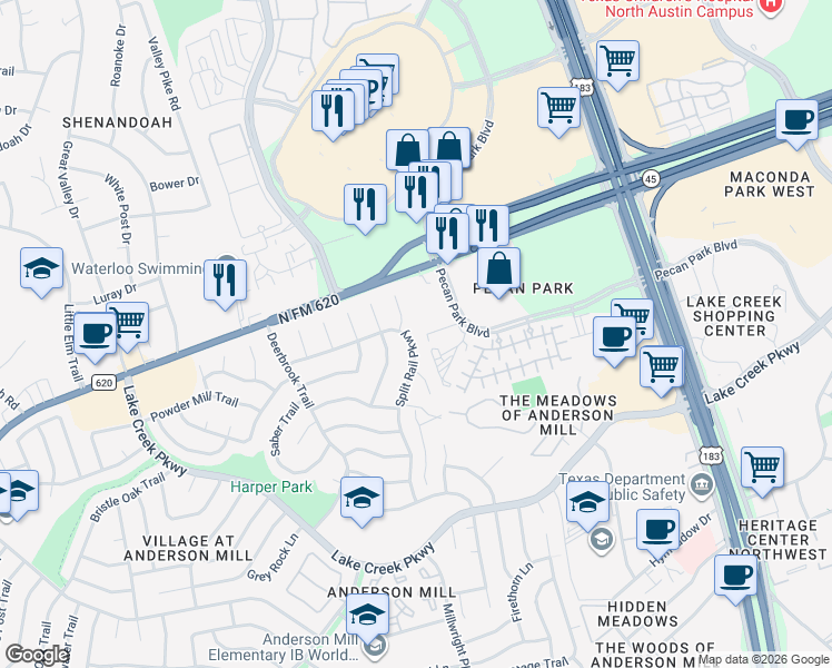 map of restaurants, bars, coffee shops, grocery stores, and more near 12507 Split Rail Parkway in Austin