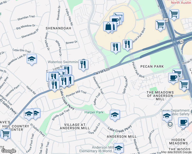 map of restaurants, bars, coffee shops, grocery stores, and more near 12336 Deerbrook Trail in Austin