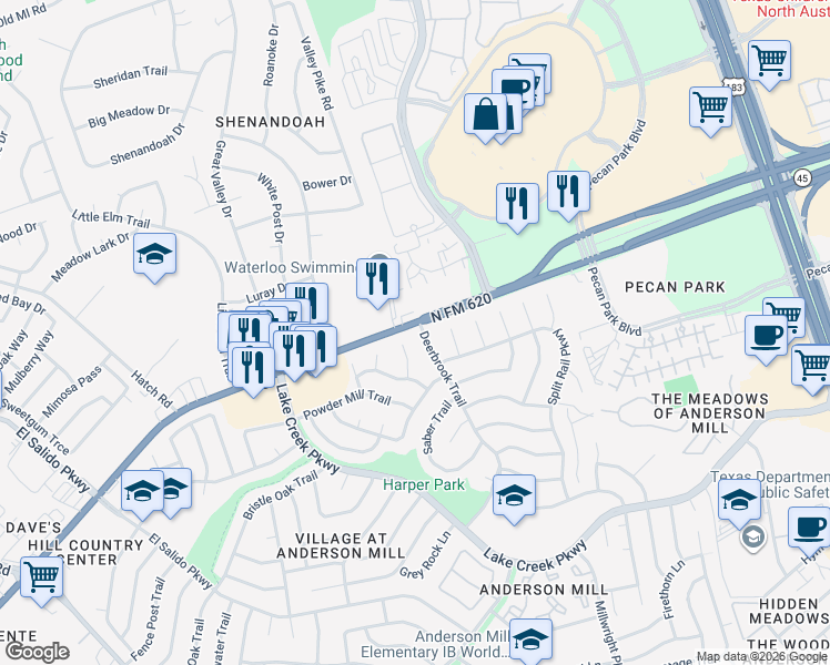 map of restaurants, bars, coffee shops, grocery stores, and more near 12336 Deerbrook Trail in Austin