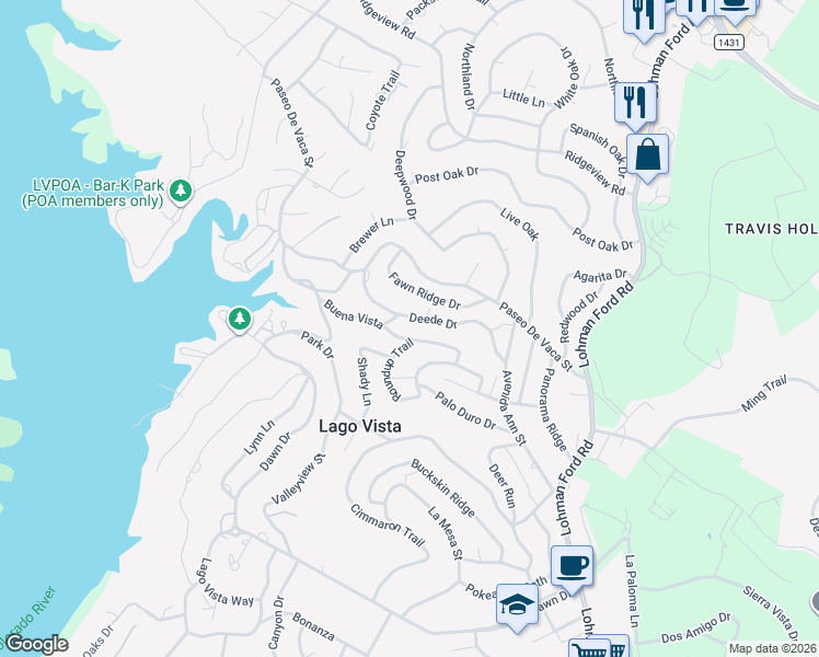 map of restaurants, bars, coffee shops, grocery stores, and more near 20814 Buena Vista in Lago Vista