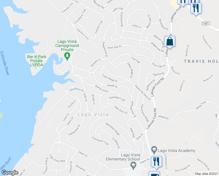 map of restaurants, bars, coffee shops, grocery stores, and more near 20814 Buena Vista in Lago Vista