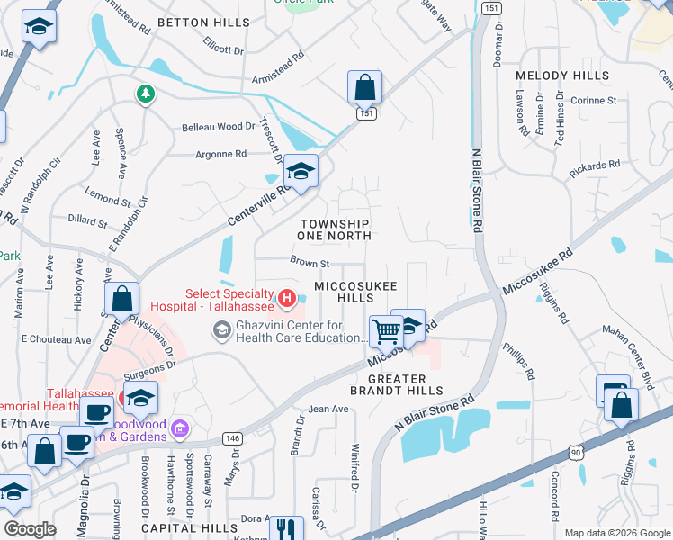 map of restaurants, bars, coffee shops, grocery stores, and more near 1909 Brown Street in Tallahassee