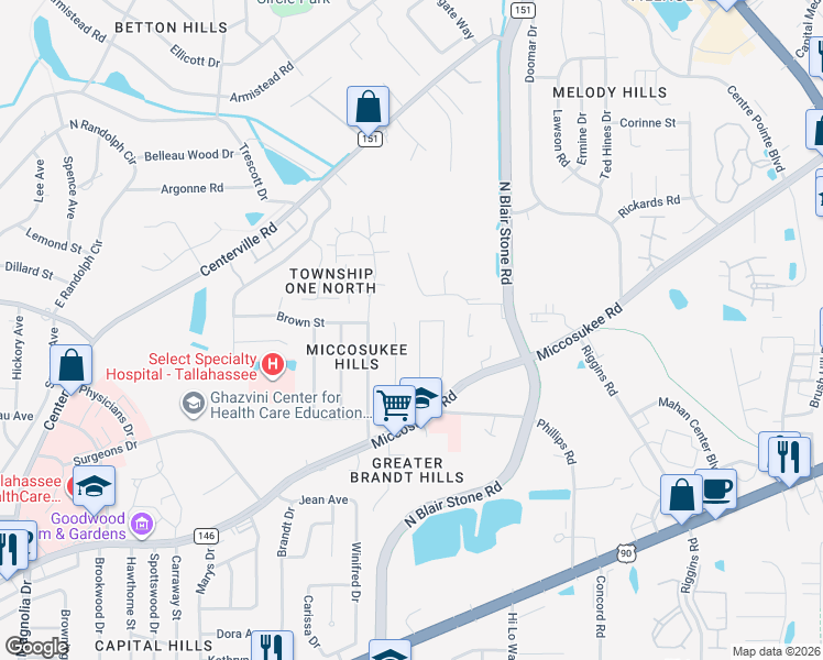 map of restaurants, bars, coffee shops, grocery stores, and more near 290 Teal Lane in Tallahassee