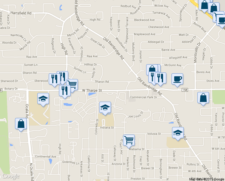 map of restaurants, bars, coffee shops, grocery stores, and more near 1318 West Tharpe Street in Tallahassee