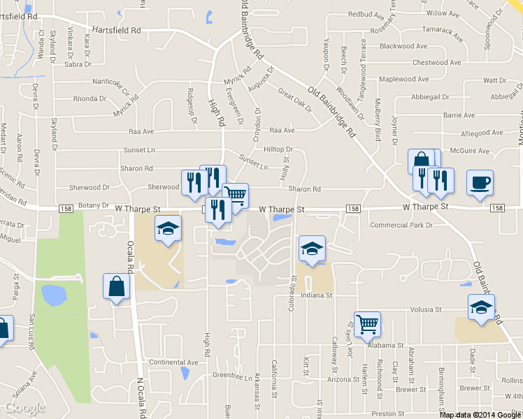 map of restaurants, bars, coffee shops, grocery stores, and more near 1510 West Tharpe Street in Tallahassee