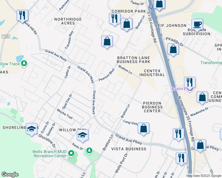 map of restaurants, bars, coffee shops, grocery stores, and more near 15913 Cessida Street in Austin