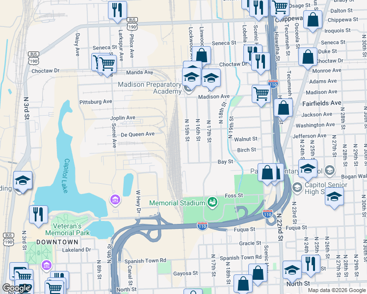 map of restaurants, bars, coffee shops, grocery stores, and more near 1727 North 15th Street in Baton Rouge