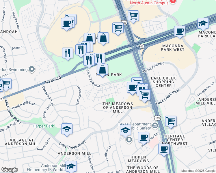 map of restaurants, bars, coffee shops, grocery stores, and more near 12800 Cayman Lane in Austin