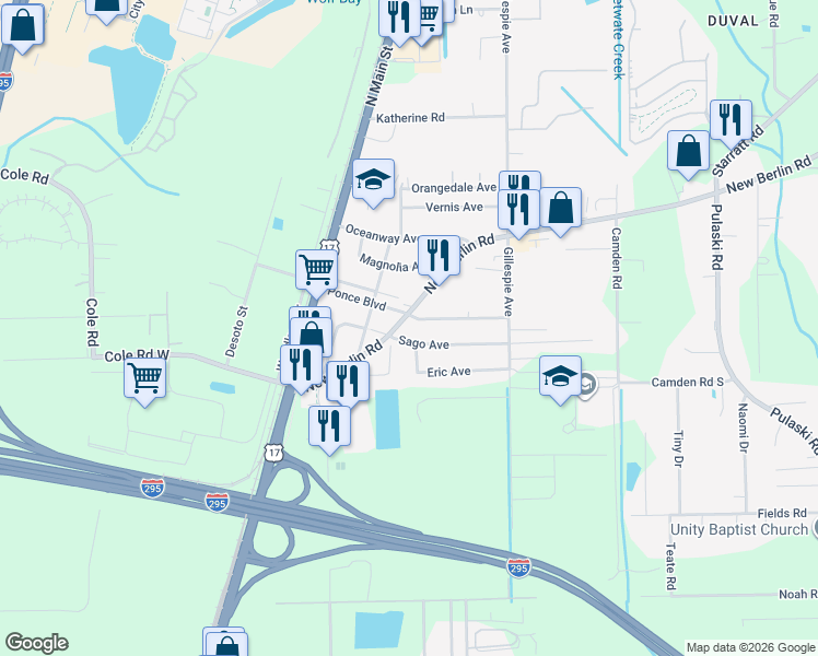 map of restaurants, bars, coffee shops, grocery stores, and more near 304 Ponce Boulevard in Jacksonville