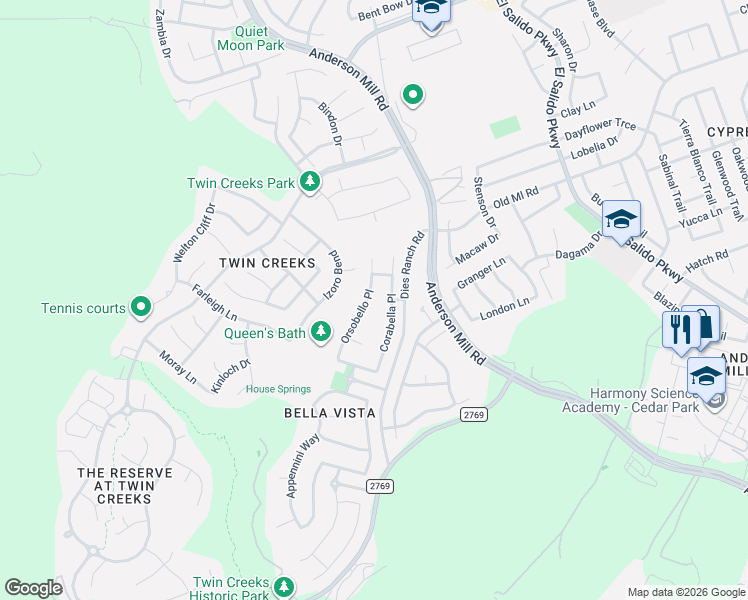 map of restaurants, bars, coffee shops, grocery stores, and more near 2614 Orsobello Place in Cedar Park