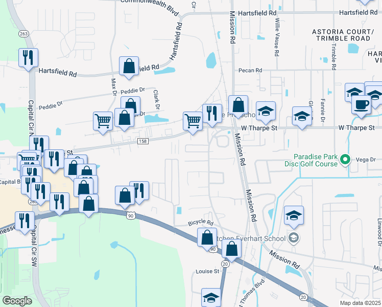 map of restaurants, bars, coffee shops, grocery stores, and more near 3130 Carriage Manor Circle in Tallahassee