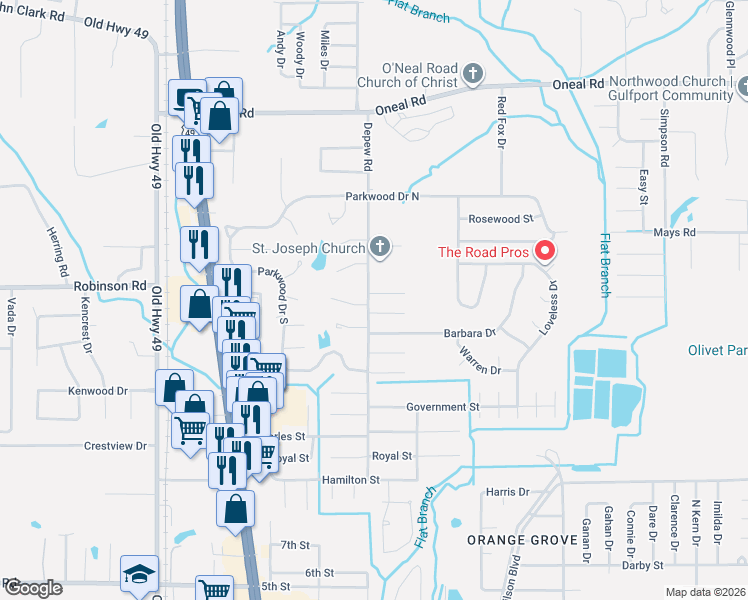 map of restaurants, bars, coffee shops, grocery stores, and more near 15282 Dogwood Cove in Gulfport
