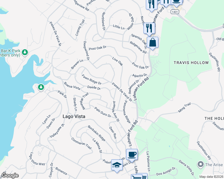 map of restaurants, bars, coffee shops, grocery stores, and more near 20706 Deede Drive in Lago Vista