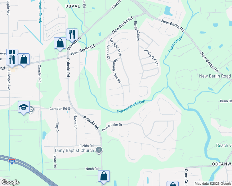 map of restaurants, bars, coffee shops, grocery stores, and more near 1175 Autumn Point Court in Jacksonville