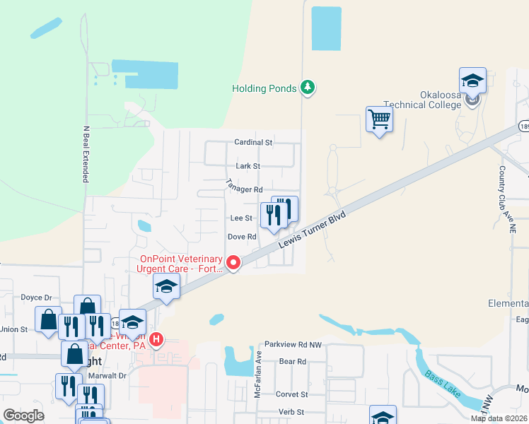 map of restaurants, bars, coffee shops, grocery stores, and more near 627 Lee Street in Fort Walton Beach