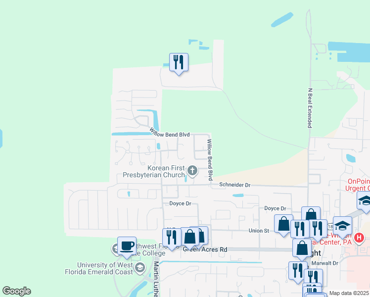 map of restaurants, bars, coffee shops, grocery stores, and more near 1764 Guildford Court in Fort Walton Beach