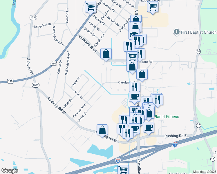 map of restaurants, bars, coffee shops, grocery stores, and more near 1901 Jerlyn Drive in Denham Springs