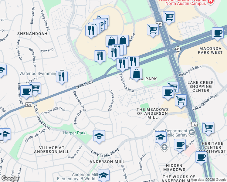 map of restaurants, bars, coffee shops, grocery stores, and more near 12507 Split Rail Parkway in Austin