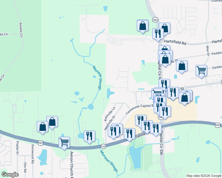 map of restaurants, bars, coffee shops, grocery stores, and more near 5363 Falling Star Road in Tallahassee