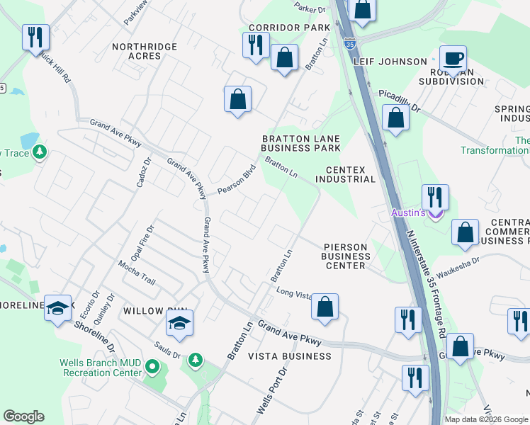 map of restaurants, bars, coffee shops, grocery stores, and more near 15913 Cessida Street in Austin
