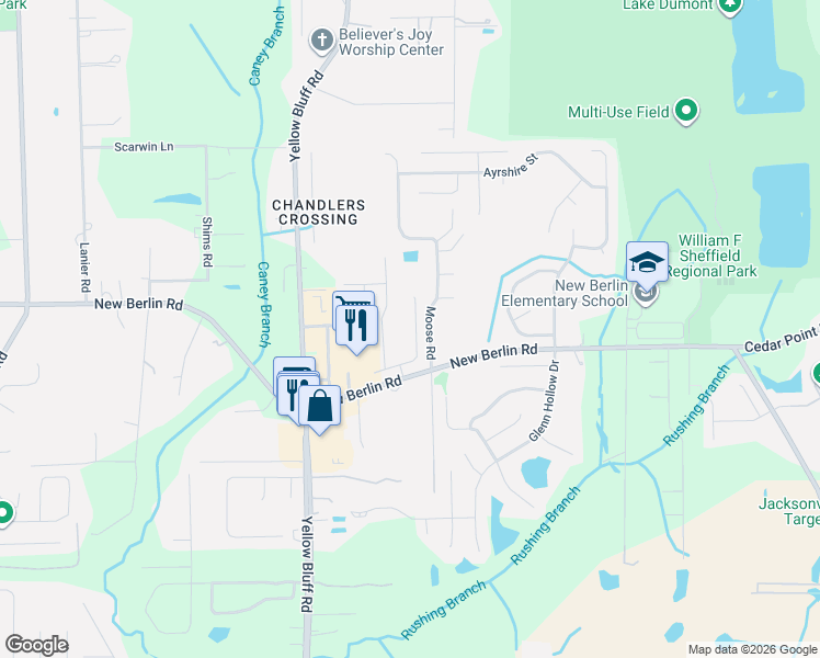 map of restaurants, bars, coffee shops, grocery stores, and more near 12489 Sugarberry Way in Jacksonville