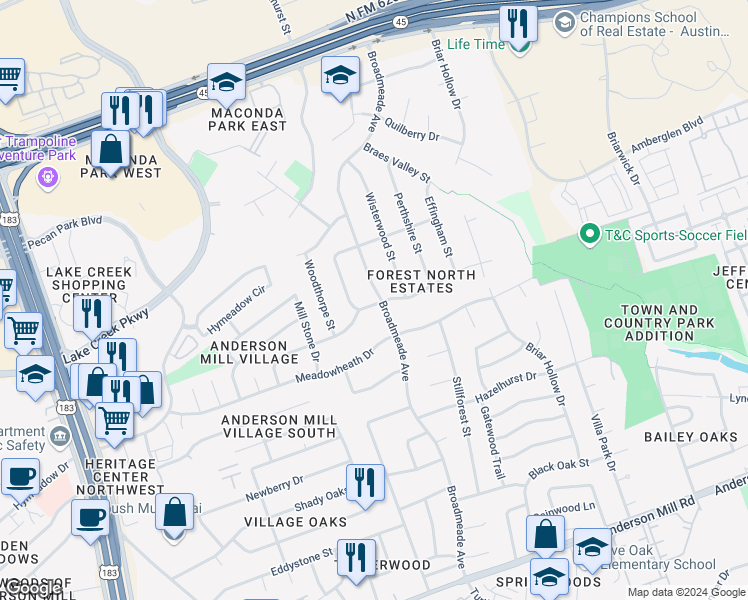 map of restaurants, bars, coffee shops, grocery stores, and more near 13212 Broadmeade Avenue in Austin