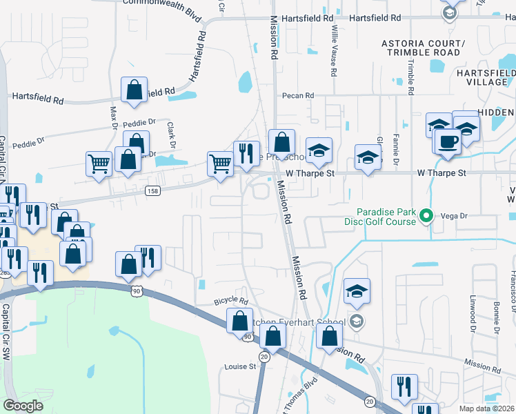 map of restaurants, bars, coffee shops, grocery stores, and more near 1550 Devoe Street in Tallahassee