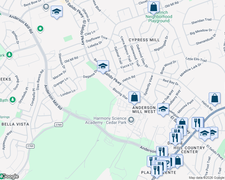 map of restaurants, bars, coffee shops, grocery stores, and more near 3009 Blazing Star Trail in Cedar Park