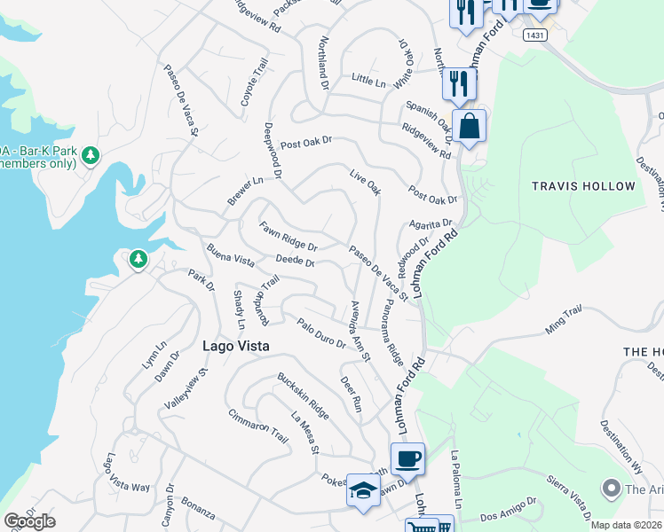 map of restaurants, bars, coffee shops, grocery stores, and more near 20706 Deede Drive in Lago Vista