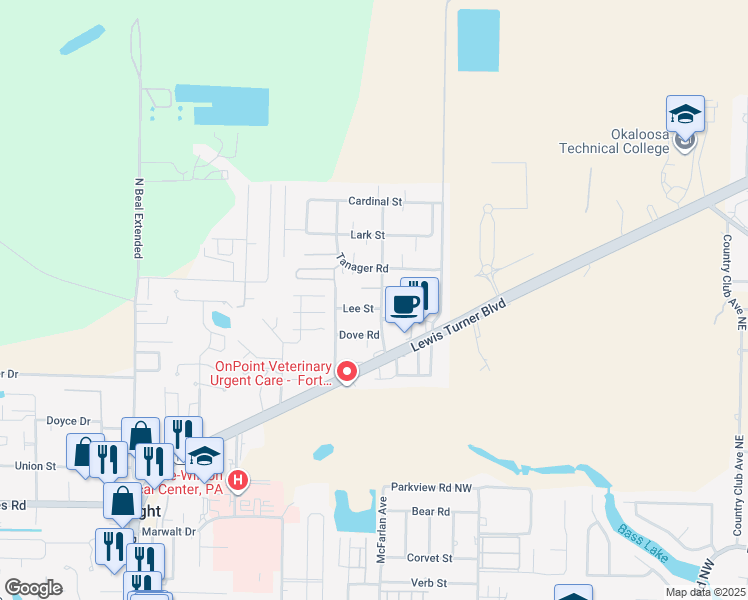 map of restaurants, bars, coffee shops, grocery stores, and more near 627 Lee Street in Fort Walton Beach