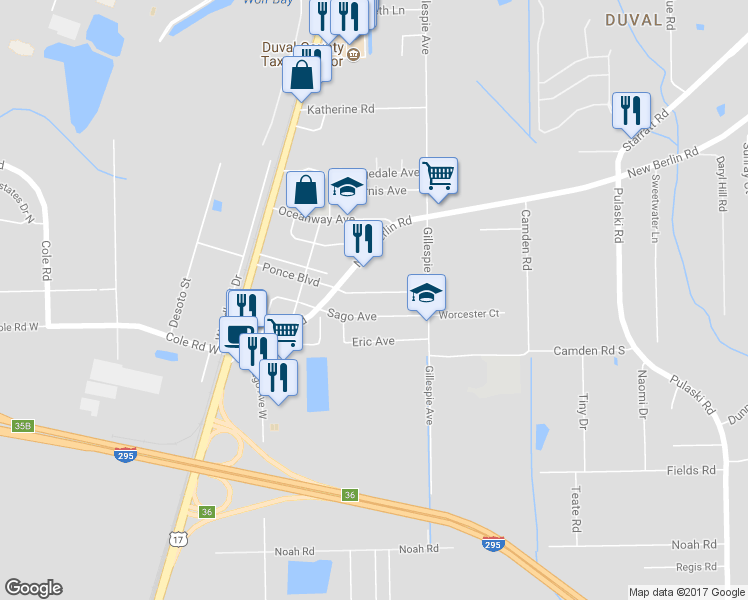 map of restaurants, bars, coffee shops, grocery stores, and more near 374 Ponce Boulevard in Jacksonville