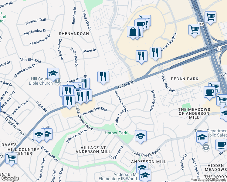 map of restaurants, bars, coffee shops, grocery stores, and more near 12336 Deerbrook Trail in Austin