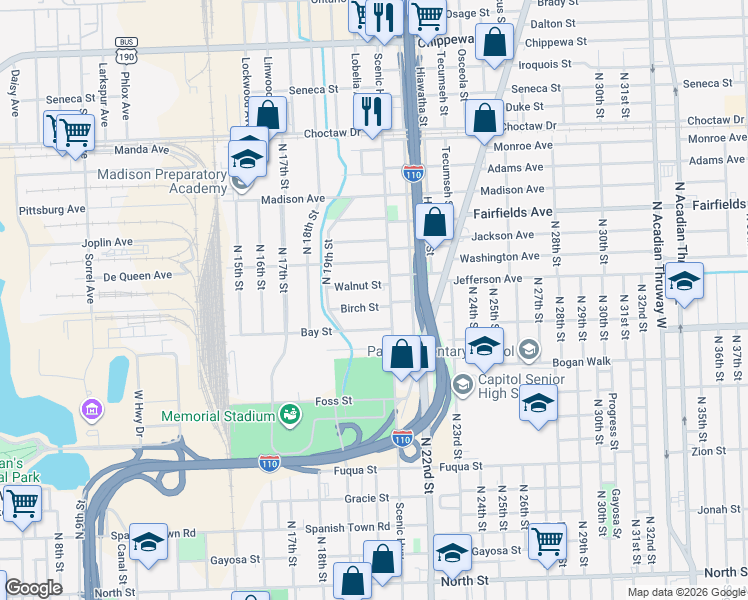 map of restaurants, bars, coffee shops, grocery stores, and more near 2025 Birch Street in Baton Rouge