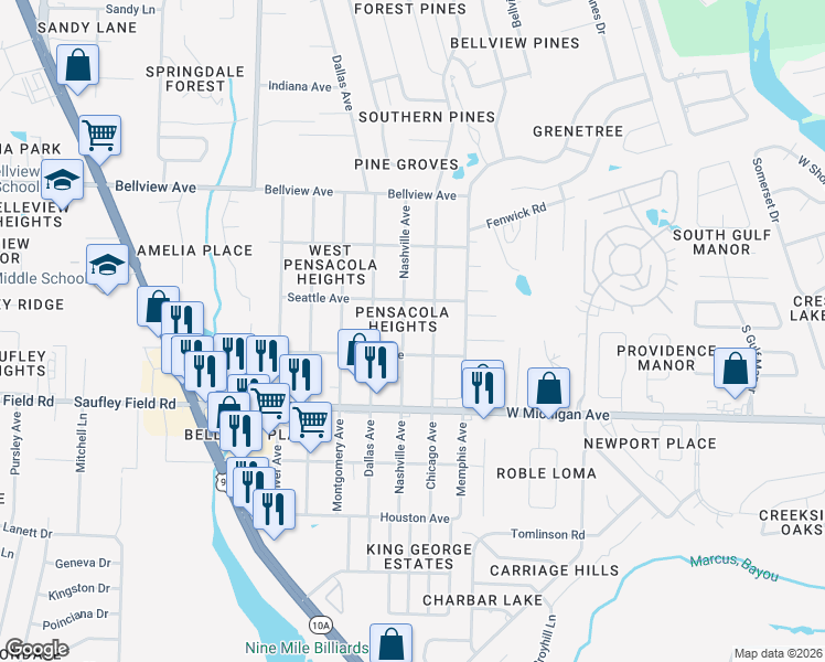 map of restaurants, bars, coffee shops, grocery stores, and more near 6104 Nashville Avenue in Pensacola