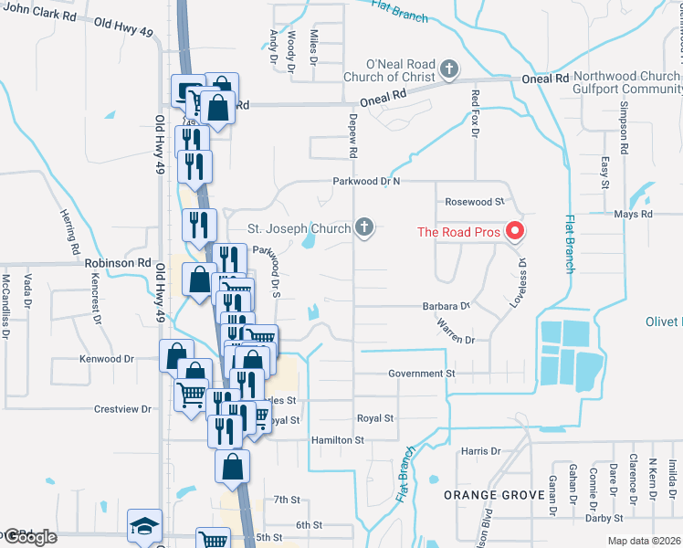 map of restaurants, bars, coffee shops, grocery stores, and more near 15282 Dogwood Cove in Gulfport