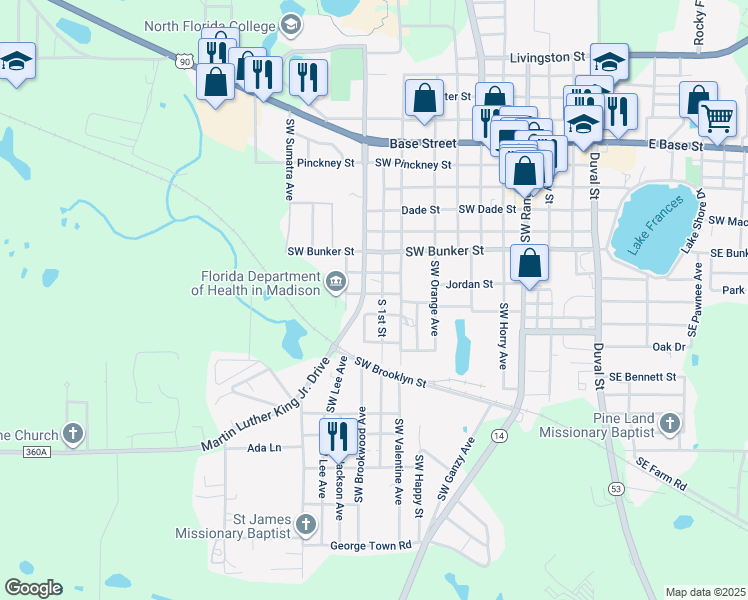 map of restaurants, bars, coffee shops, grocery stores, and more near 185 Southwest Smith Street in Madison