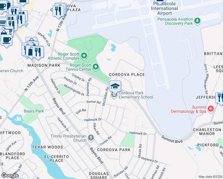map of restaurants, bars, coffee shops, grocery stores, and more near 2315 Summit Boulevard in Pensacola